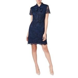 Betsey Johnson Blue Lace Sheath Midi Dress with bow tie Collar